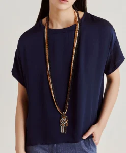 Blouse Alonso En Soie Unie - Bleu Nuit