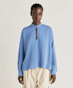 Blouse En Viscose De Soie Rayee Zoe - Bleu Clair/Creme