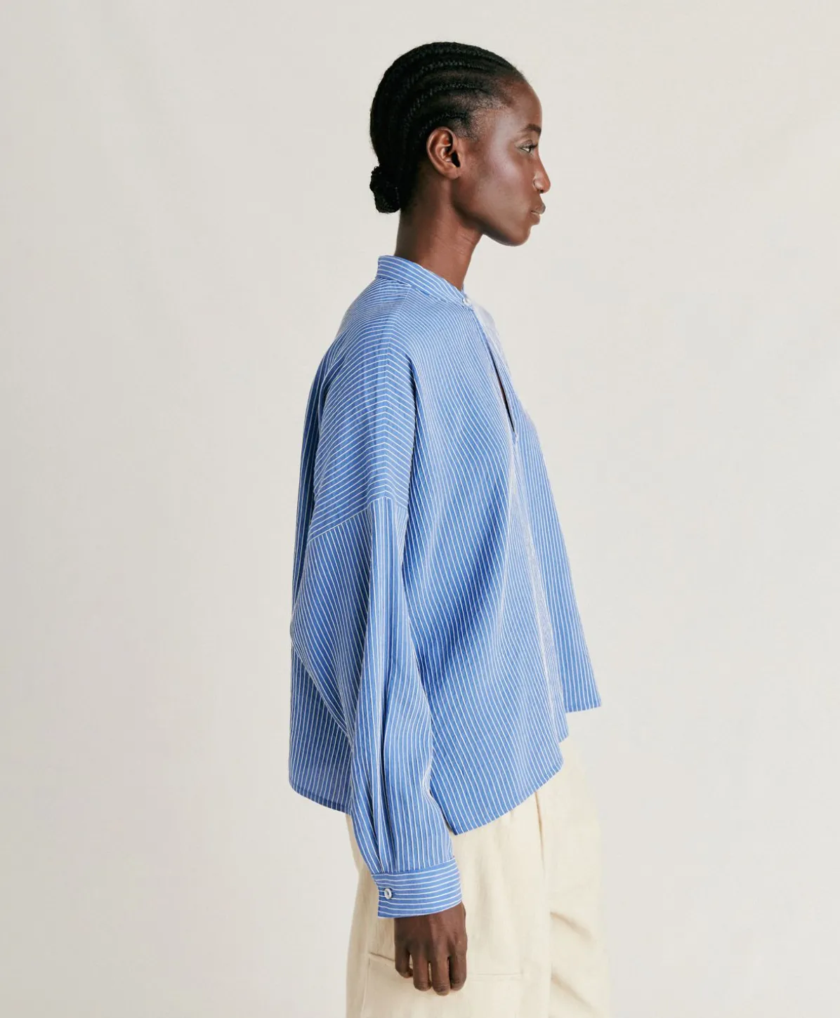 Blouse En Viscose De Soie Rayee Zoe - Bleu Clair/Creme
