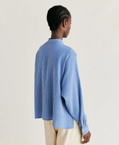 Blouse En Viscose De Soie Rayee Zoe - Bleu Clair/Creme