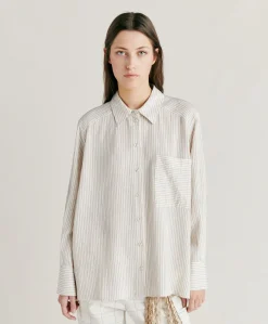 Chemise En Viscose De Soie Rayee Aura - Creme/Caramel
