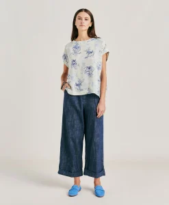 Chemisier Curacao Crepe De Chine - Creme/Bleu Clair
