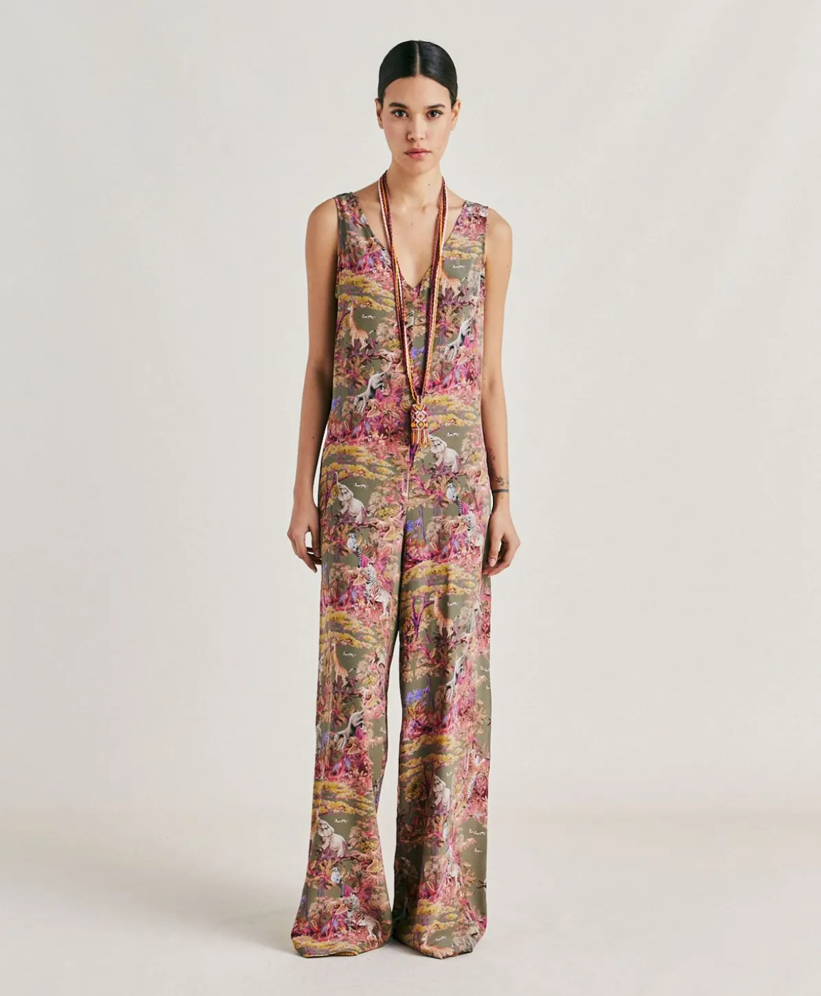 Combinaison Longue Matilde En Crepe De Chine - Olive Multicolore