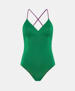 Maillot De Bain Une Piece D'Ete En Jersey Lurex - Emeraude/Cyclamen