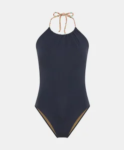 Maillot De Bain Une Piece Cherie A Bretelles Tressees - Bleu Nuit