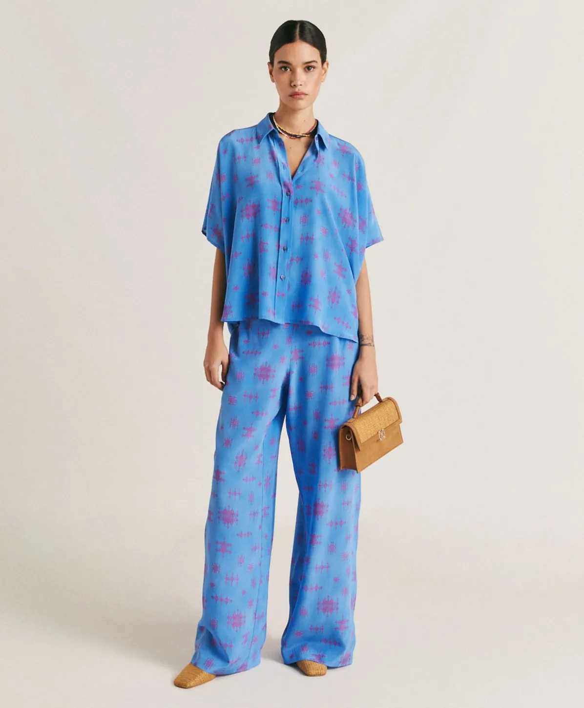 Pantalon En Crepe De Chine Baccarat - Bleutte/Fuchsia