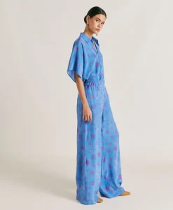 Pantalon En Crepe De Chine Baccarat - Bleutte/Fuchsia