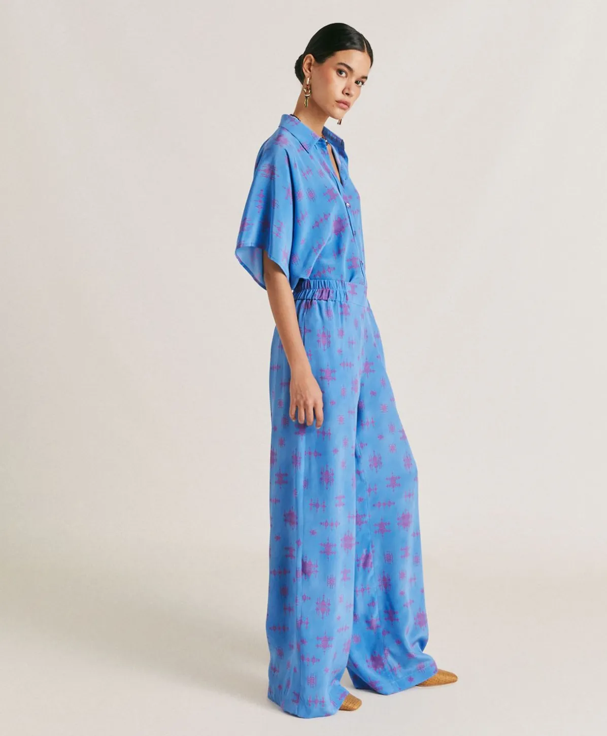 Pantalon En Crepe De Chine Baccarat - Bleutte/Fuchsia