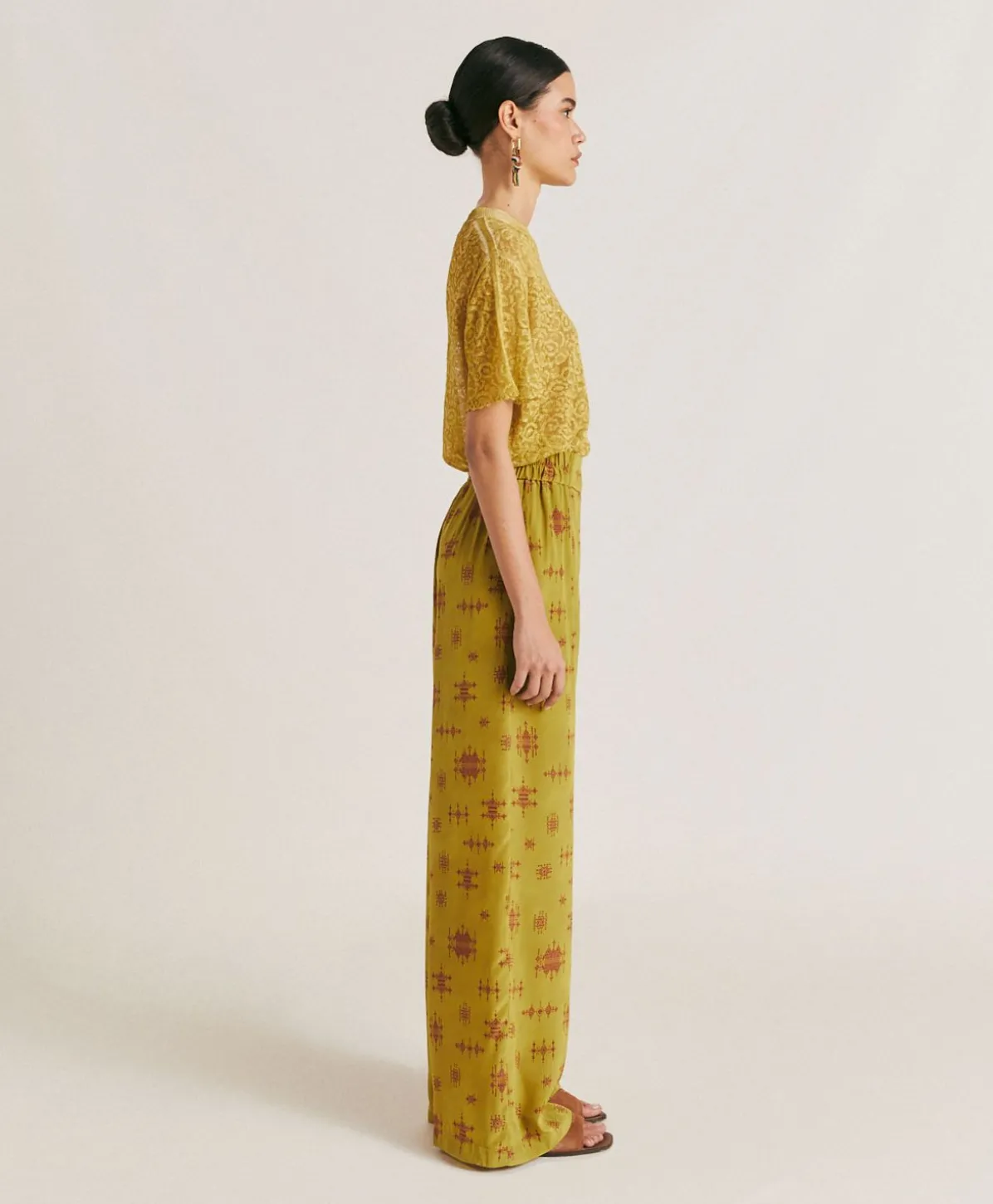 Pantalon En Crepe De Chine Baccarat - Citron Vert/Vin
