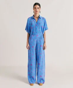 Pantalon En Crepe De Chine Baccarat - Bleutte/Fuchsia