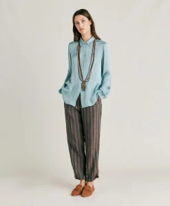Pantalon En Lin Raye Matthieu - Marron/Aqua