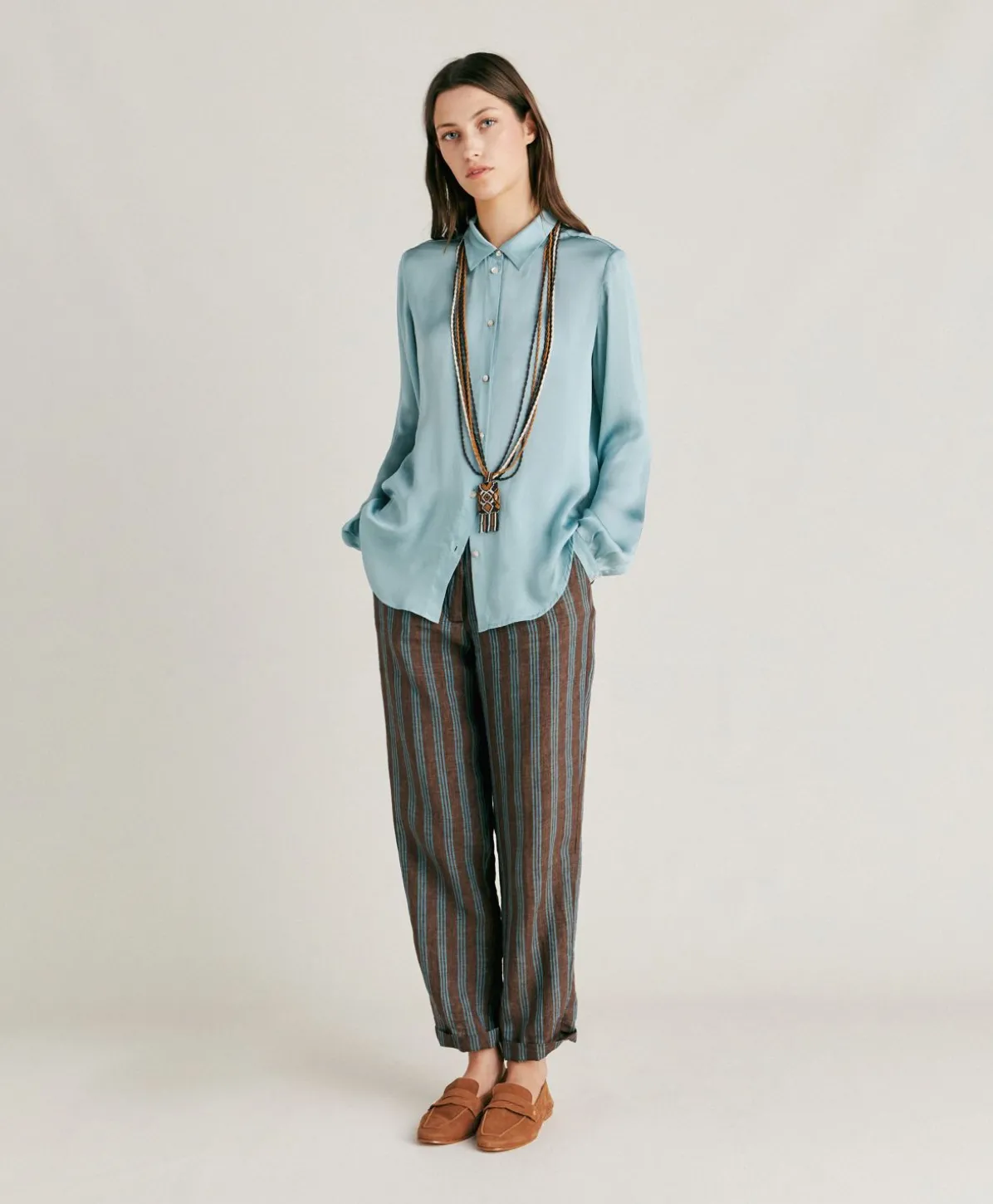Pantalon En Lin Raye Matthieu - Marron/Aqua