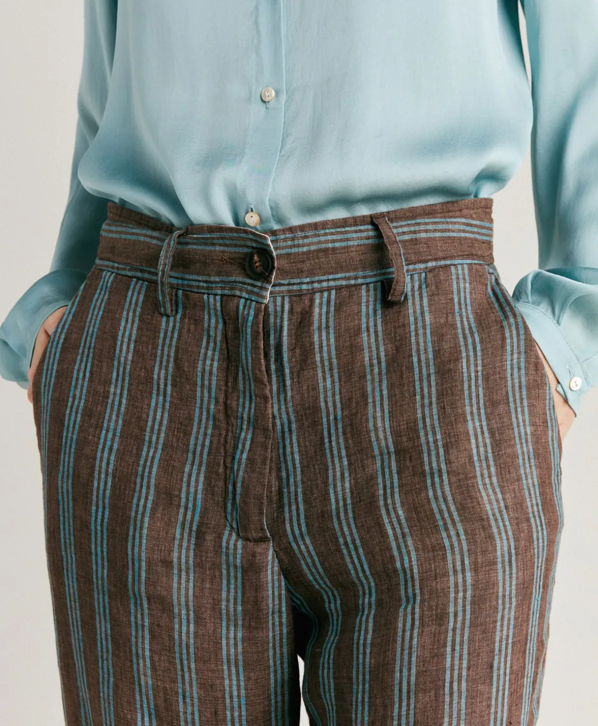 Pantalon En Lin Raye Matthieu - Marron/Aqua