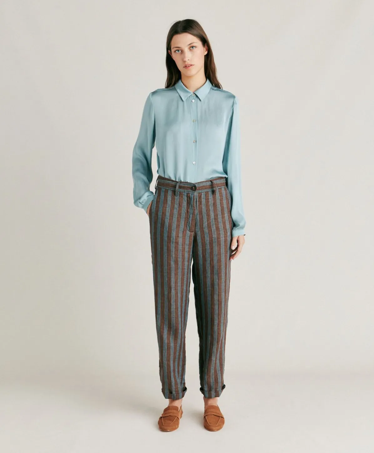 Pantalon En Lin Raye Matthieu - Marron/Aqua