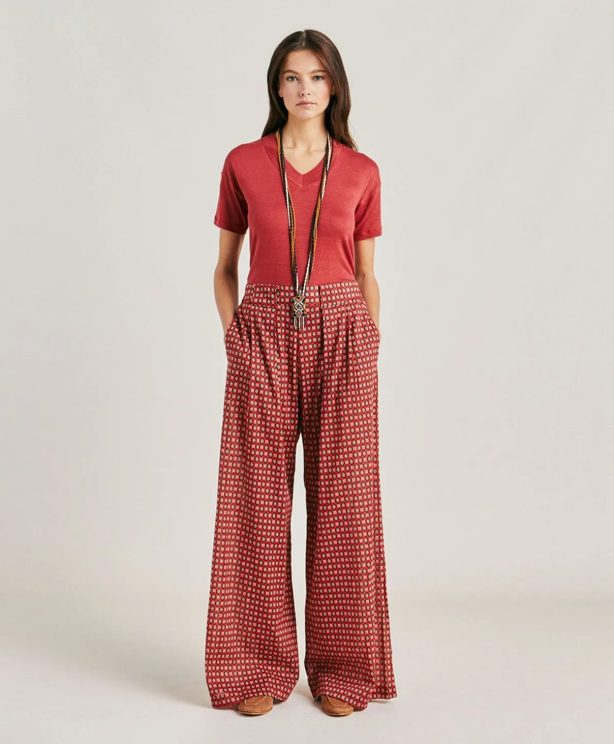 Pantalon En Voile De Coton Imprime Aspen - Rouge