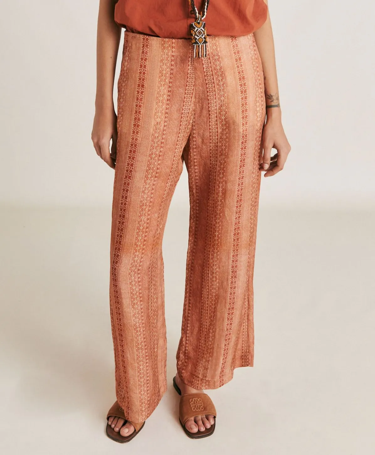 Pantalon Ginepro En Lin Viscose - Creme/Rouille