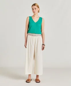 Pantalon Roca En Voile De Coton Brode - Creme