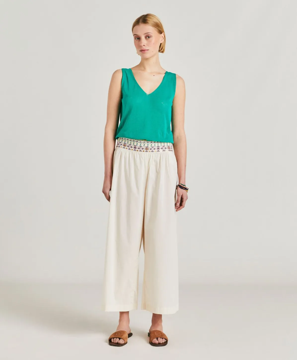 Pantalon Roca En Voile De Coton Brode - Creme