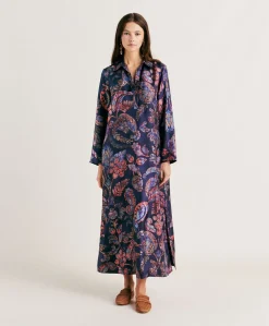 Robe En Serge De Soie Aligusta - Bleu Nuit Multicolore