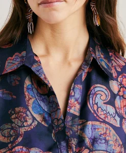 Robe En Serge De Soie Aligusta - Bleu Nuit Multicolore