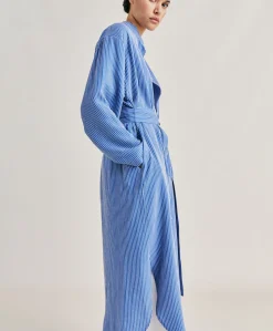 Robe En Viscose De Soie Rayee Zaira - Bleu Clair/Creme