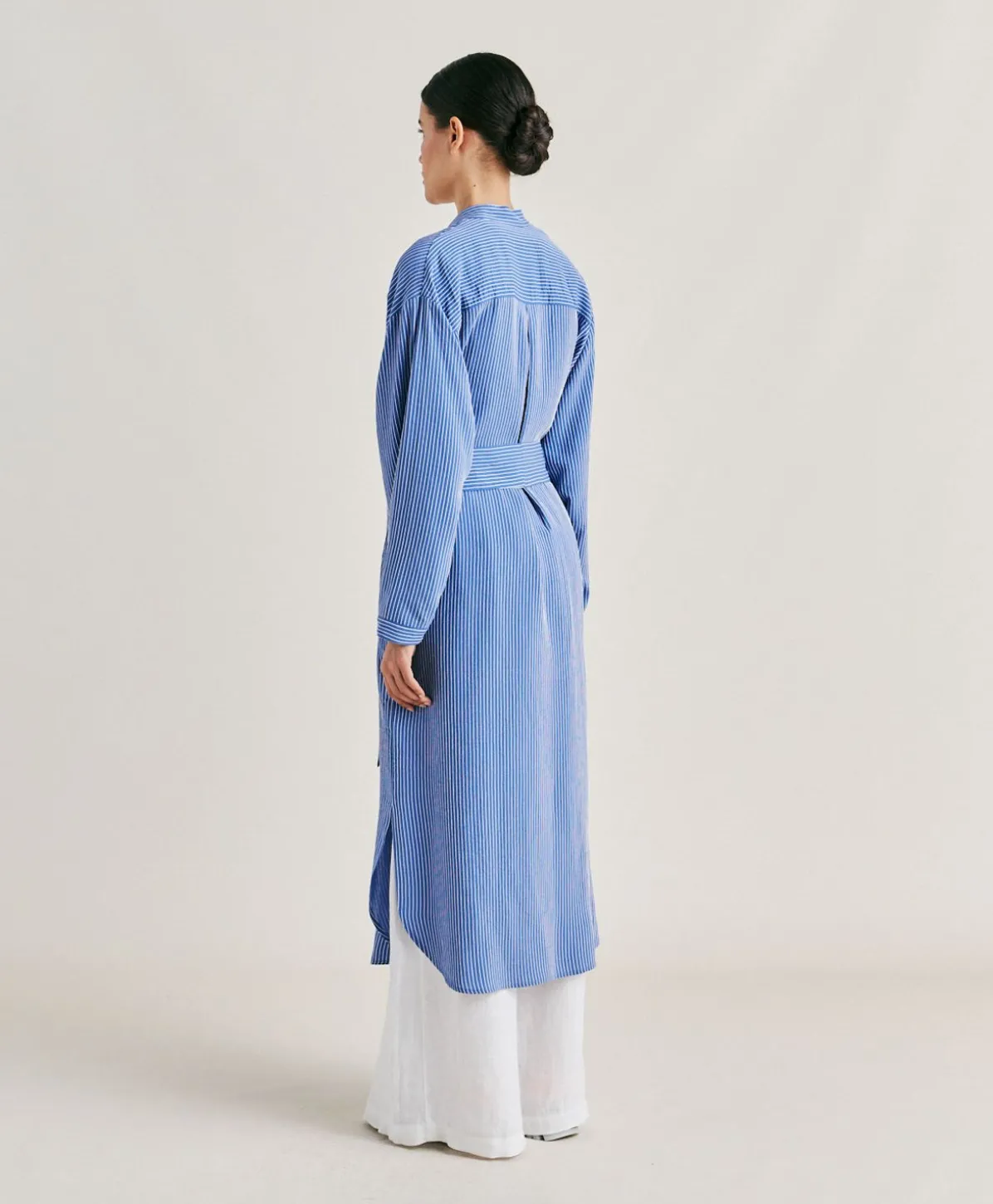 Robe En Viscose De Soie Rayee Zaira - Bleu Clair/Creme