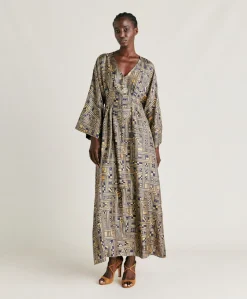 Robe Fortuna En Serge De Soie - Or/Bleu