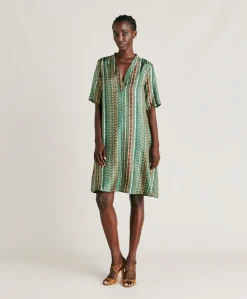 Robe Sarraina En Serge De Soie - Vert/Multicolore