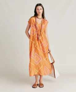 Robe Scilla En Haboutai De Soie - Orange/Fuchsia