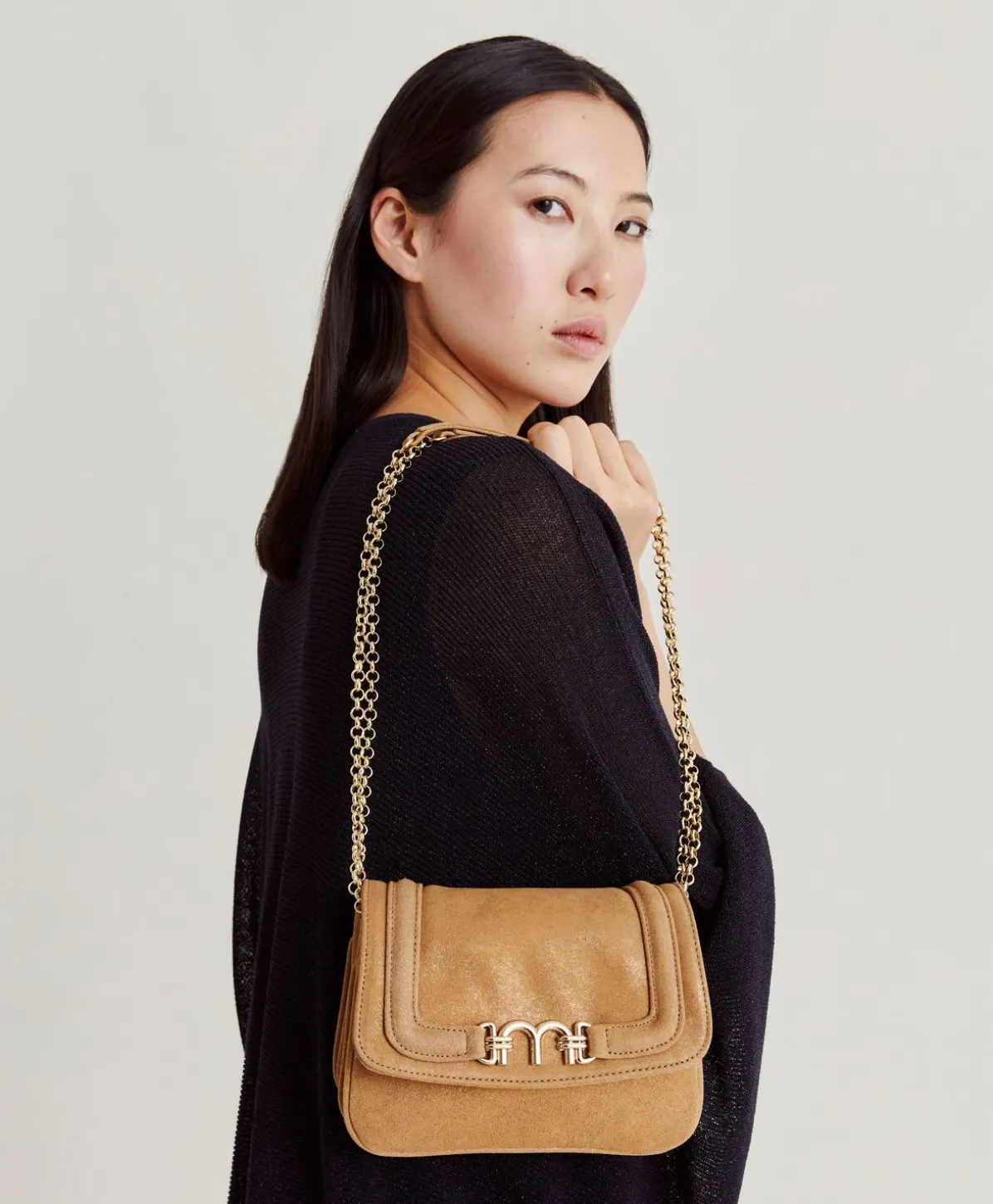 Sac Mimi Flore En Cuir Lame - Caramel