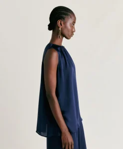 Top Cris En Soie Unie - Bleu Nuit