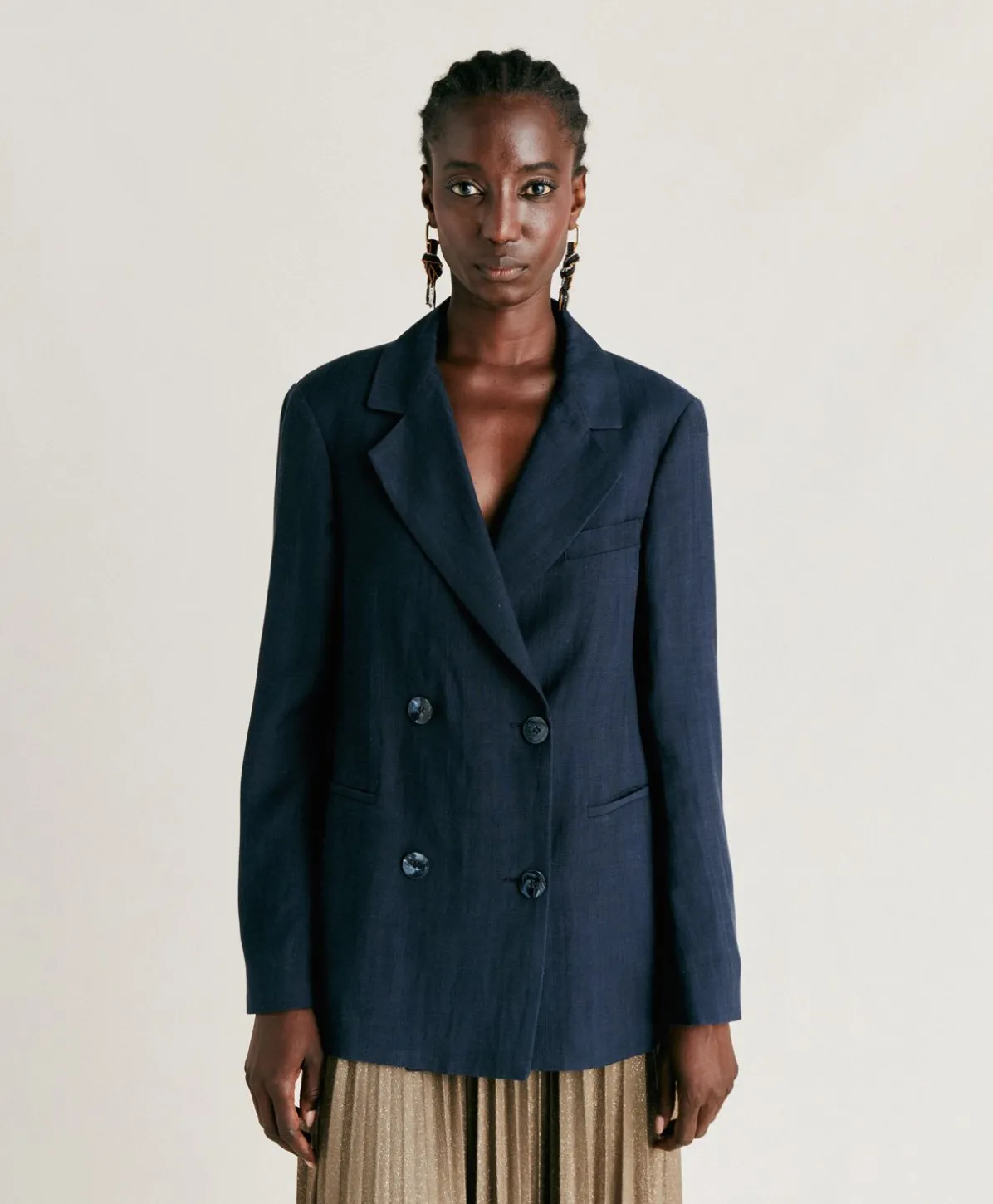 Veste Clair En Viscose De Lin Elegante - Bleu Nuit